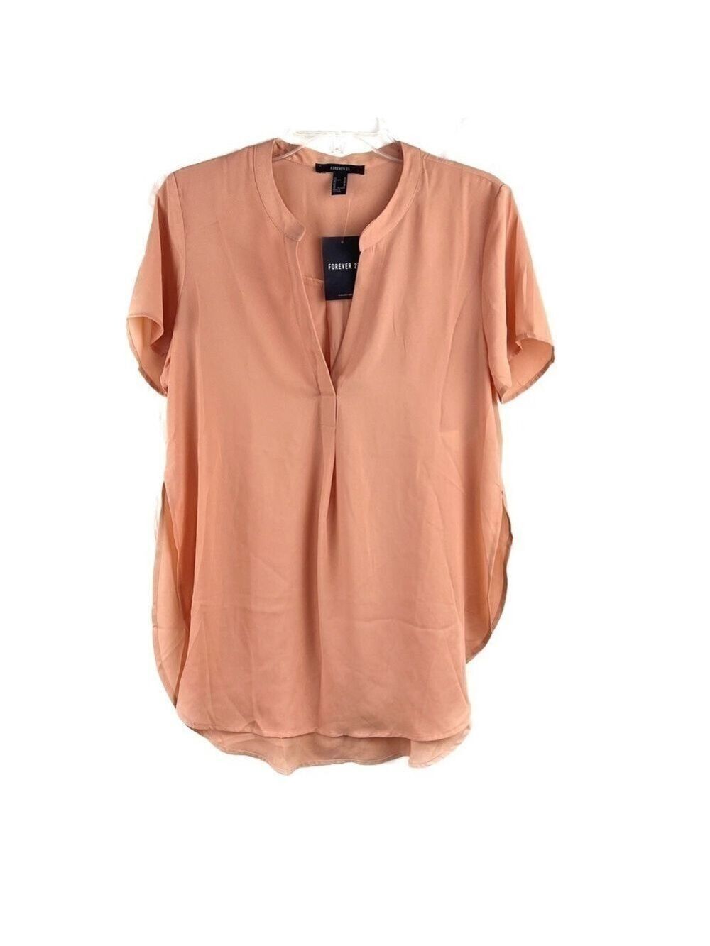 NEW-Forever 21 Banded Split Neck, Short Sleeves, RelaxedFit, SideSlit Blouse MD